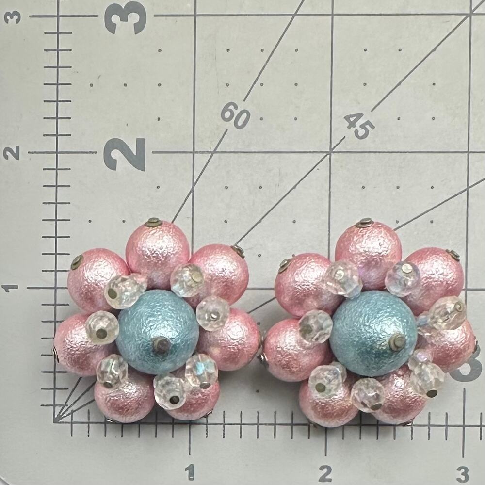 1950s vintage silver tone AB glass pink blue celluloid beaded clip on earrings - Picture 8 of 8